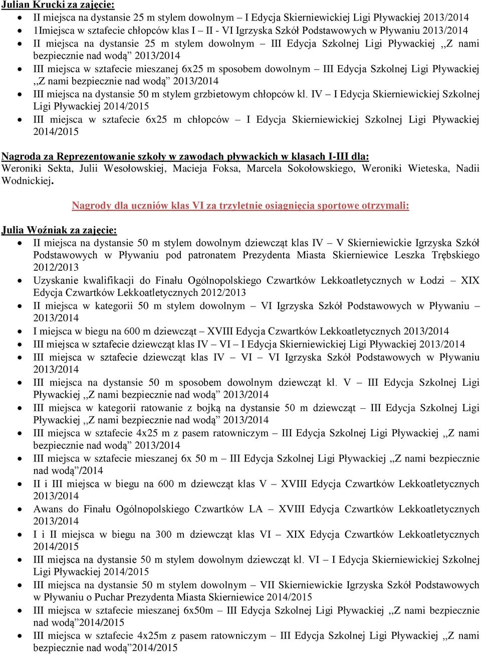 Pływackiej,,Z nami bezpiecznie nad wodą III miejsca na dystansie 50 m stylem grzbietowym chłopców kl.