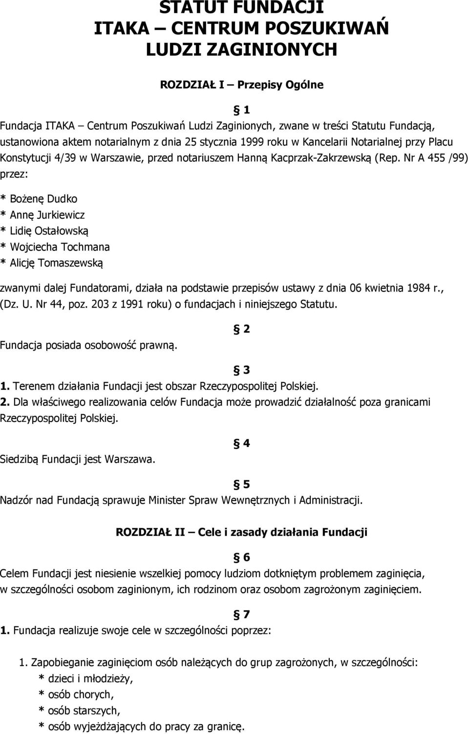 Nr A 455 /99) przez: * Bożenę Dudko * Annę Jurkiewicz * Lidię Ostałowską * Wojciecha Tochmana * Alicję Tomaszewską zwanymi dalej Fundatorami, działa na podstawie przepisów ustawy z dnia 06 kwietnia