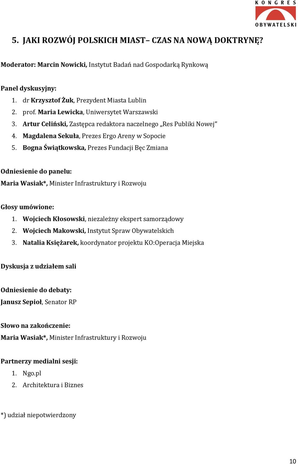 Bogna Świątkowska, Prezes Fundacji Bęc Zmiana Odniesienie do panelu: Maria Wasiak*, Minister Infrastruktury i Rozwoju Głosy umówione: 1. Wojciech Kłosowski, niezależny ekspert samorządowy 2.