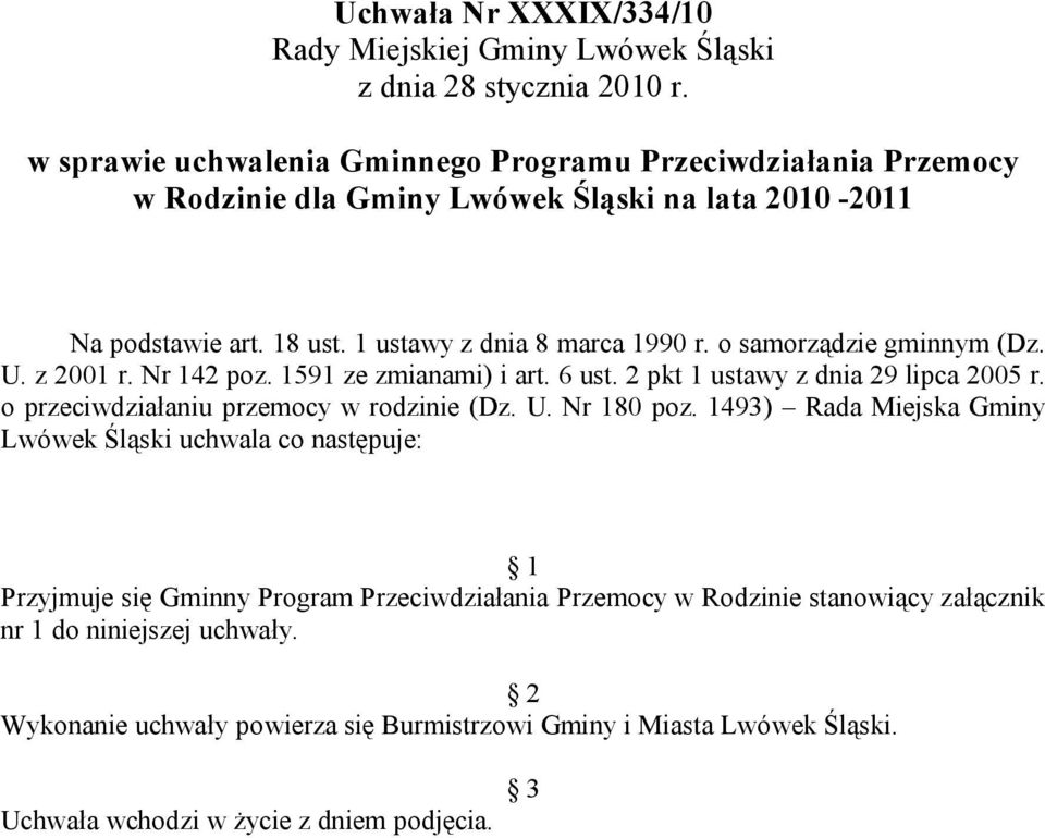 o samorządzie gminnym (Dz. U. z 2001 r. Nr 142 poz. 1591 ze zmianami) i art. 6 ust. 2 pkt 1 ustawy z dnia 29 lipca 2005 r. o przeciwdziałaniu przemocy w rodzinie (Dz. U. Nr 180 poz.