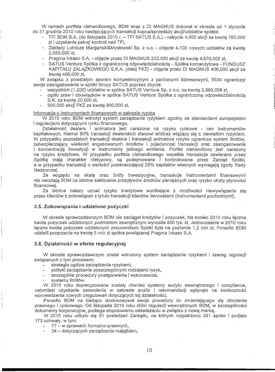 000 zl, - Pragma Inkaso S.A. - objecie przez DI MAGNUS 233.500 akcji za kwote 4.670.000 zl, - SATUS Venture Spolka z ograniczona, odpowiedzialnoscia.