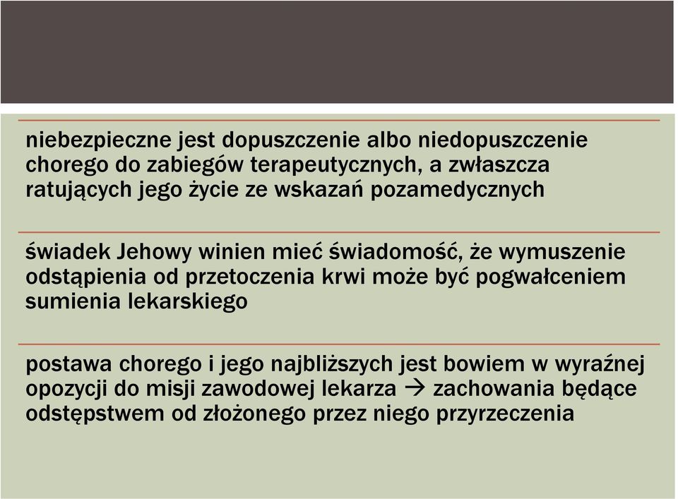 odstąpienia od przetoczenia krwi może być pogwałceniem sumienia lekarskiego postawa chorego i jego