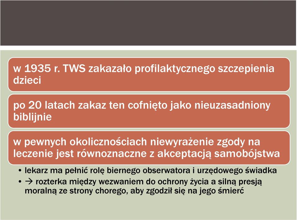 nieuzasadniony biblijnie w pewnych okolicznościach niewyrażenie zgody na leczenie jest równoznaczne