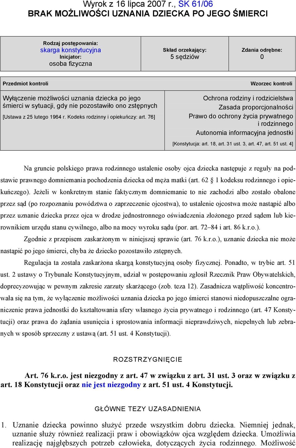 kontroli Wyłączenie możliwości uznania dziecka po jego śmierci w sytuacji, gdy nie pozostawiło ono zstępnych [Ustawa z 25 lutego 1964 r. Kodeks rodzinny i opiekuńczy: art.