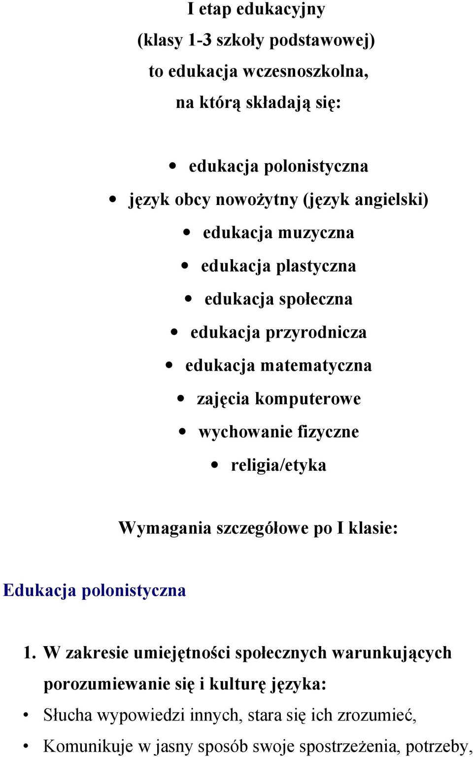 komputerowe wychowanie fizyczne religia/etyka Wymagania szczegółowe po I klasie: Edukacja polonistyczna 1.