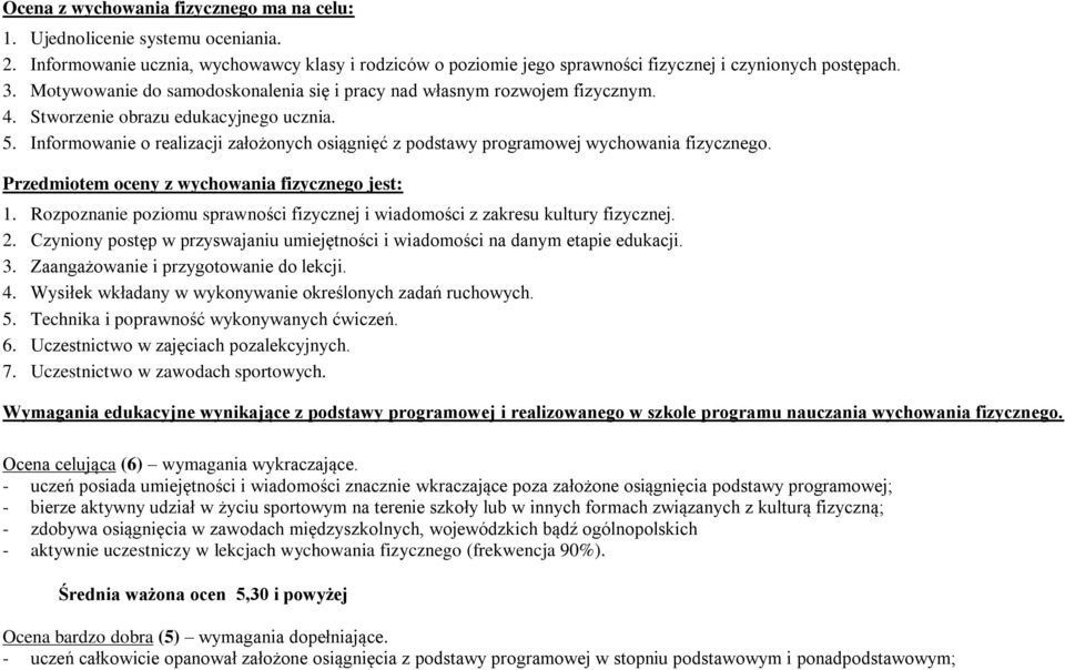 Informowanie o realizacji założonych osiągnięć z podstawy programowej wychowania fizycznego. Przedmiotem oceny z wychowania fizycznego jest: 1.