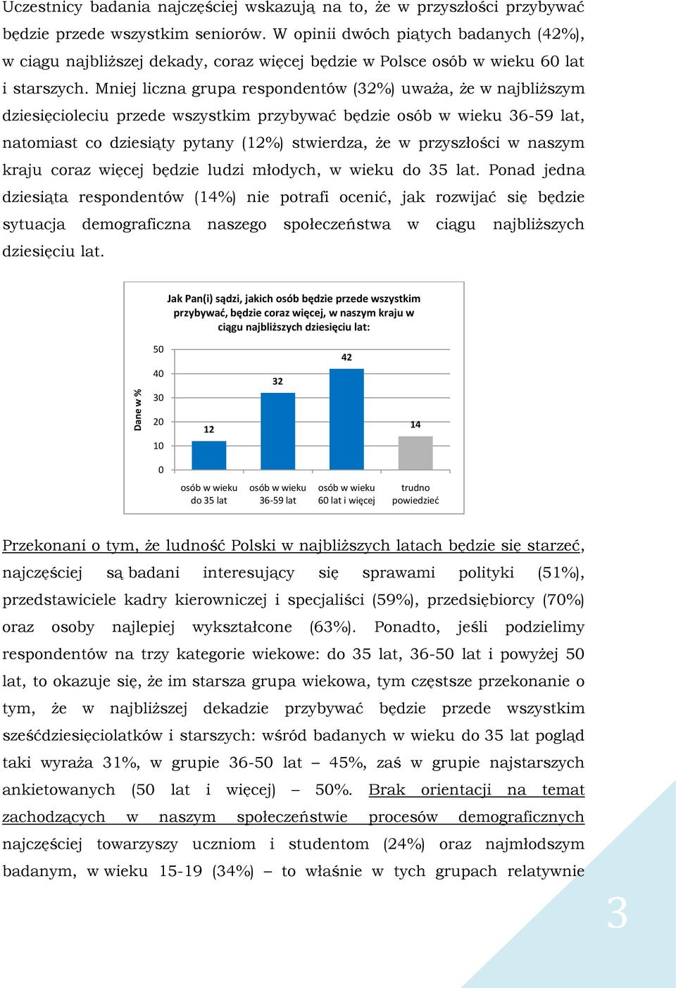 Mniej liczna grupa respondentów (32%) uważa, że w najbliższym dziesięcioleciu przede wszystkim przybywać będzie osób w wieku 36-59 lat, natomiast co dziesiąty pytany (12%) stwierdza, że w przyszłości