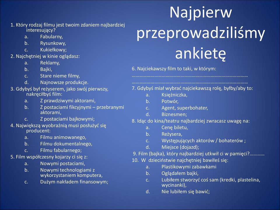 Największą wyobraźnią musi posłużyć się producent: a. Filmu animowanego, b. Filmu dokumentalnego, c. Filmu fabularnego; 5. Film współczesny kojarzy ci się z: a. Nowymi postaciami, b.