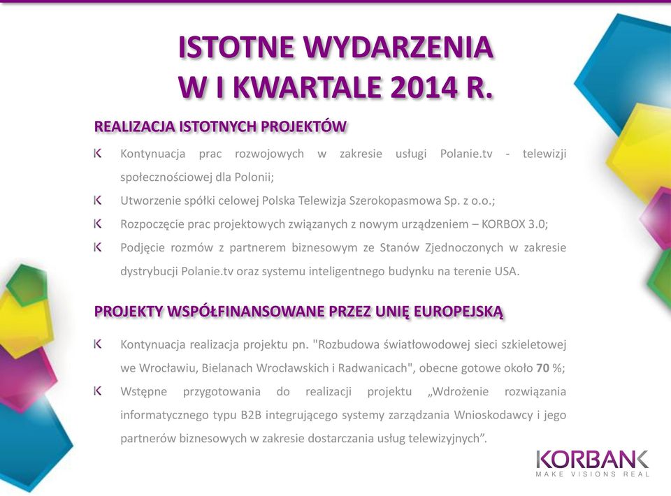 0; Podjęcie rozmów z partnerem biznesowym ze Stanów Zjednoczonych w zakresie dystrybucji Polanie.tv oraz systemu inteligentnego budynku na terenie USA.