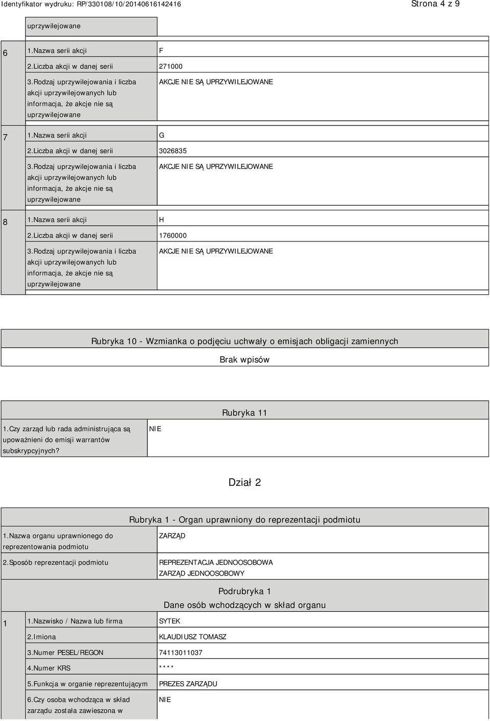 Czy zarząd lub rada administrująca są upoważnieni do emisji warrantów subskrypcyjnych? Dział 2 Rubryka 1 - Organ uprawniony do reprezentacji podmiotu 1.