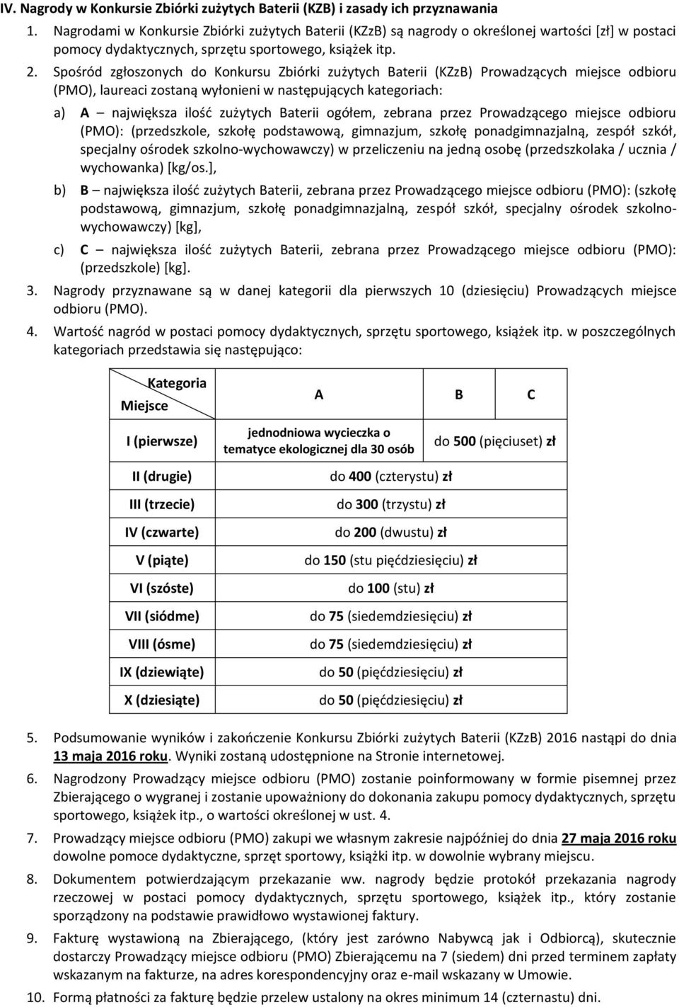 Spośród zgłoszonych do Konkursu Zbiórki zużytych Baterii (KZzB) Prowadzących miejsce odbioru (PMO), laureaci zostaną wyłonieni w następujących kategoriach: a) A największa ilość zużytych Baterii