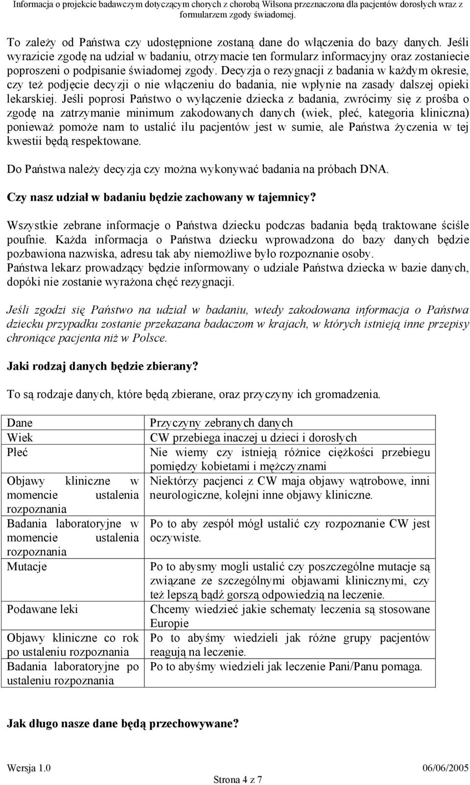 Decyzja o rezygnacji z badania w każdym okresie, czy też podjęcie decyzji o nie włączeniu do badania, nie wpłynie na zasady dalszej opieki lekarskiej.
