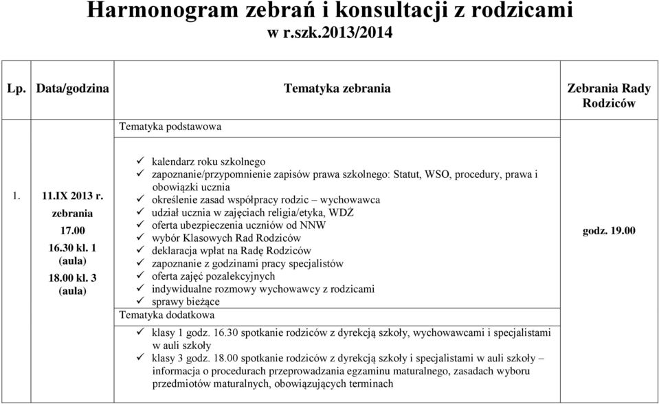 religia/etyka, WDŻ oferta ubezpieczenia uczniów od NNW wybór Klasowych Rad Rodziców deklaracja wpłat na Radę Rodziców zapoznanie z godzinami pracy specjalistów oferta zajęć pozalekcyjnych klasy 1