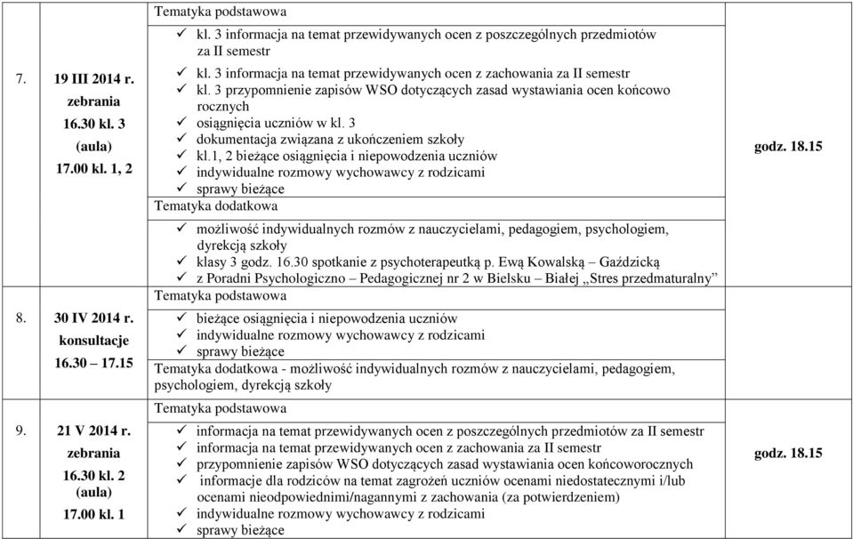 3 dokumentacja związana z ukończeniem szkoły kl.1, 2 bieżące osiągnięcia i niepowodzenia uczniów klasy 3 godz. 16.30 spotkanie z psychoterapeutką p.