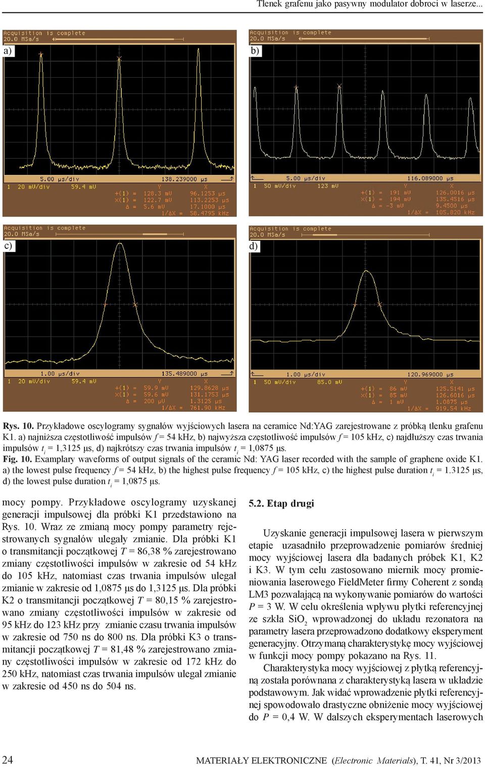 μs. Fig. 10. Examplary waveforms of output signals of the ceramic Nd: YAG laser recorded with the sample of graphene oxide K1.