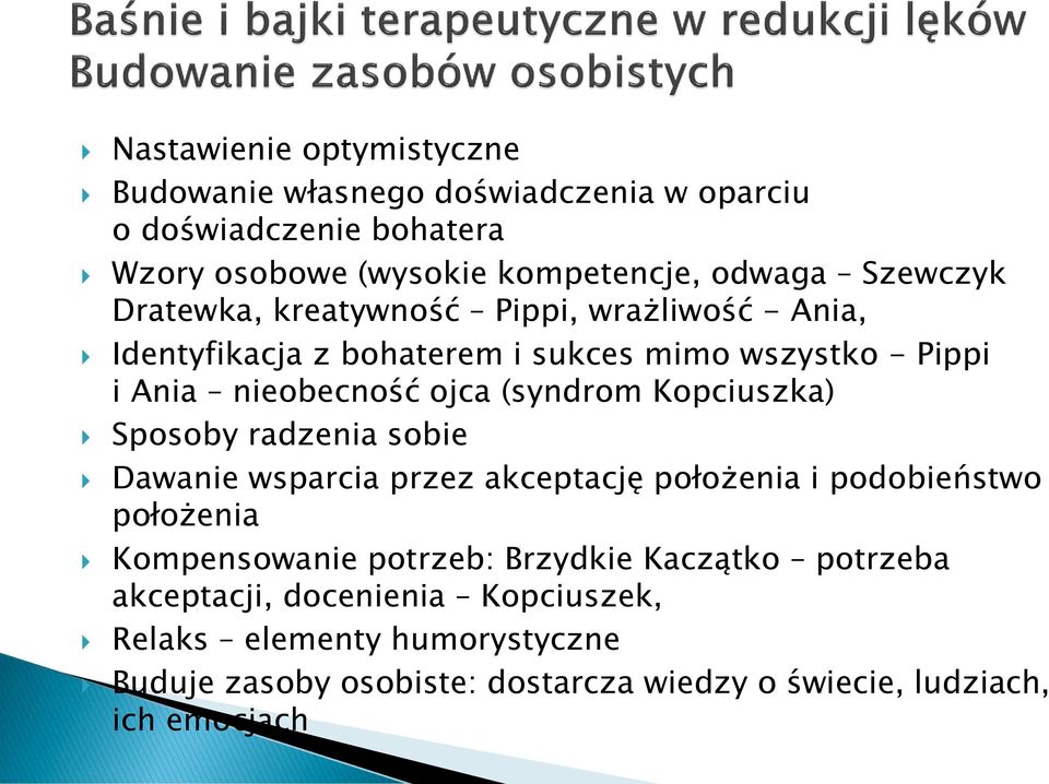 (syndrom Kopciuszka) Sposoby radzenia sobie Dawanie wsparcia przez akceptację położenia i podobieństwo położenia Kompensowanie potrzeb: Brzydkie