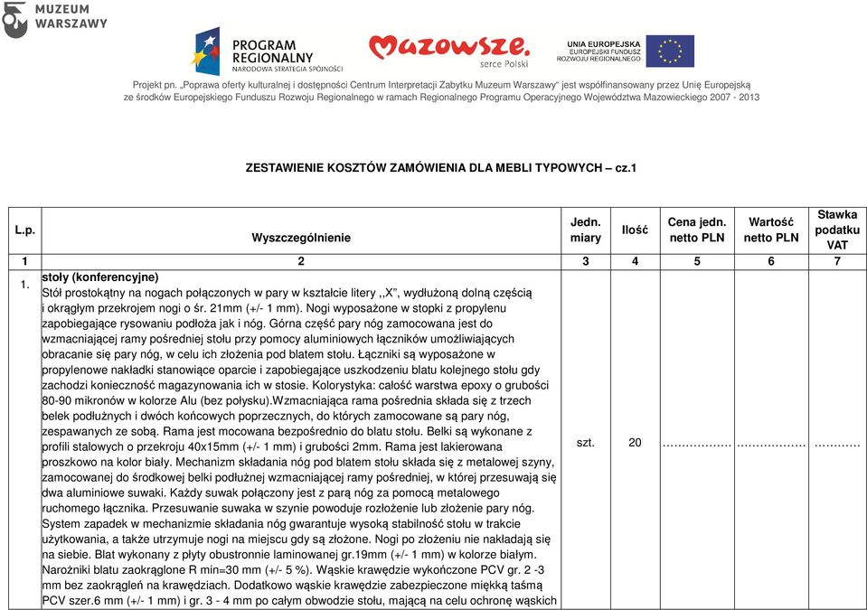 Regionalnego Programu Operacyjnego Województwa Mazowieckiego 2007-2013 ZESTAWIENIE KOSZTÓW ZAMÓWIENIA DLA MEBLI TYPOWYCH cz.1 L.p. Wyszczególnienie Jedn. miary Ilość Cena jedn.