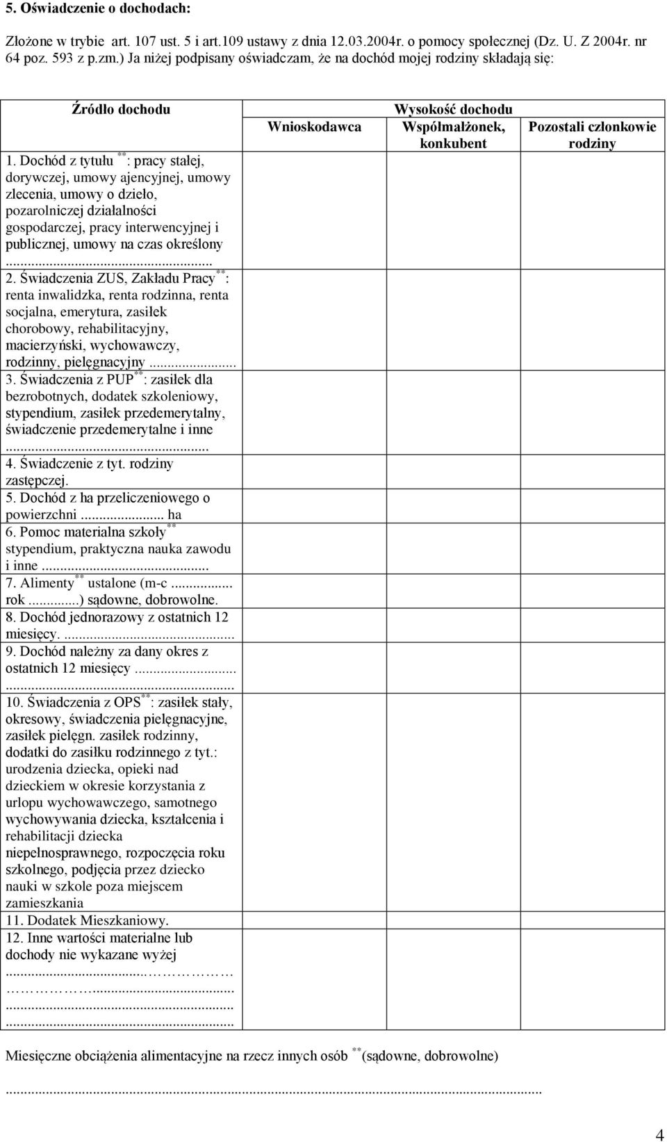 Dochód z tytułu ** : pracy stałej, dorywczej, umowy ajencyjnej, umowy zlecenia, umowy o dzieło, pozarolniczej działalności gospodarczej, pracy interwencyjnej i publicznej, umowy na czas określony... 2.