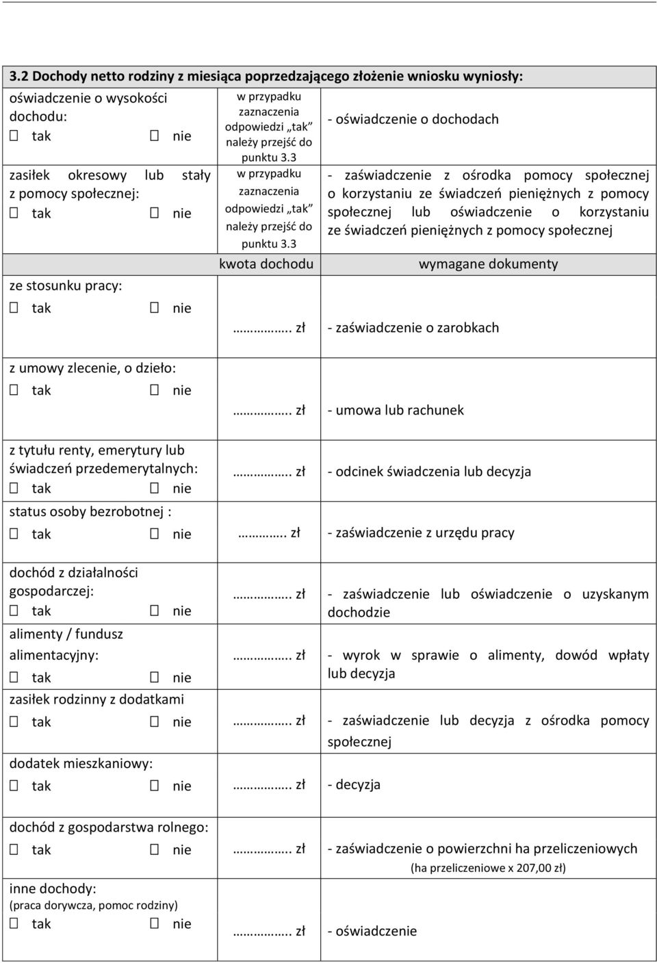 . zł - oświadczenie o dochodach - zaświadczenie z ośrodka pomocy społecznej o korzystaniu ze świadczeń pieniężnych z pomocy społecznej lub oświadczenie o korzystaniu ze świadczeń pieniężnych z pomocy