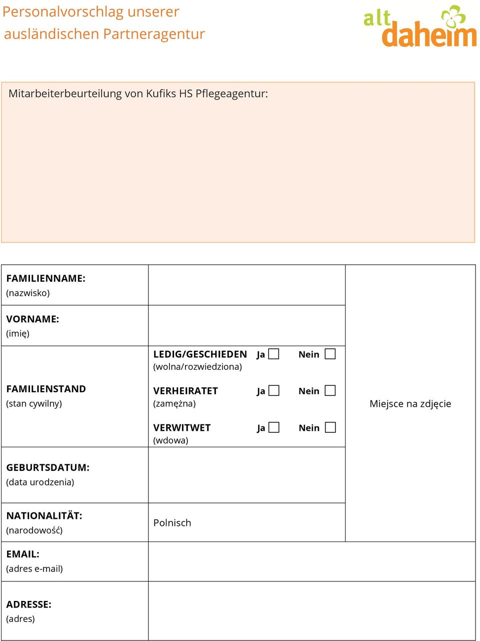 FAMILIENSTAND (stan cywilny) VERHEIRATET (zamężna) Miejsce na zdjęcie VERWITWET (wdowa)