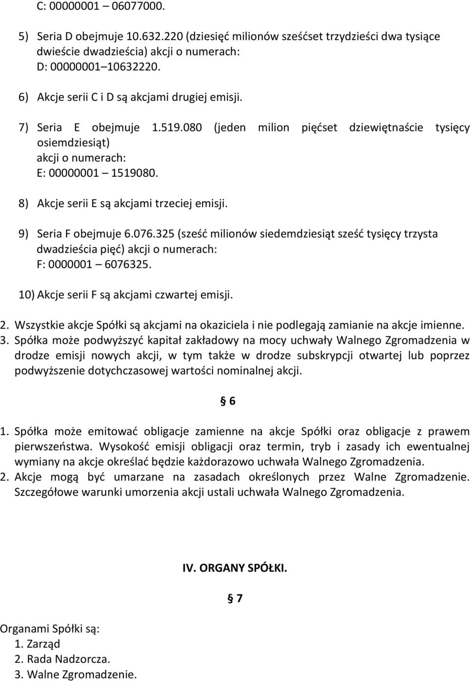 8) Akcje serii E są akcjami trzeciej emisji. 9) Seria F obejmuje 6.076.325 (sześć milionów siedemdziesiąt sześć tysięcy trzysta dwadzieścia pięć) akcji o numerach: F: 0000001 6076325.