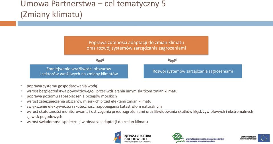 poprawa poziomu zabezpieczenia brzegów morskich wzrost zabezpieczenia obszarów miejskich przed efektami zmian klimatu zwiększenie efektywności i skuteczności zapobiegania katastrofom naturalnym