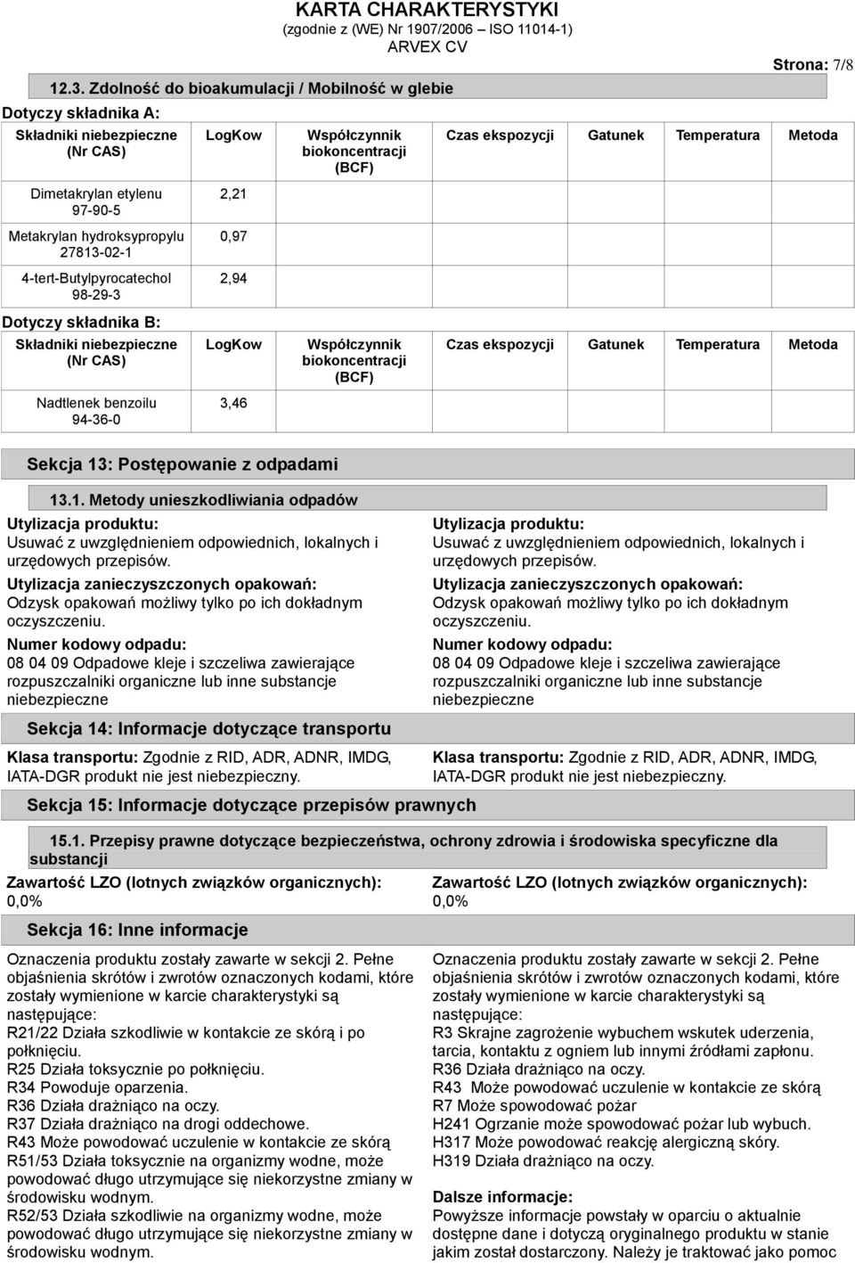 Metoda 3,46 Sekcja 13: Postępowanie z odpadami 131 Metody unieszkodliwiania odpadów Utylizacja produktu: Usuwać z uwzględnieniem odpowiednich, lokalnych i urzędowych przepisów Utylizacja
