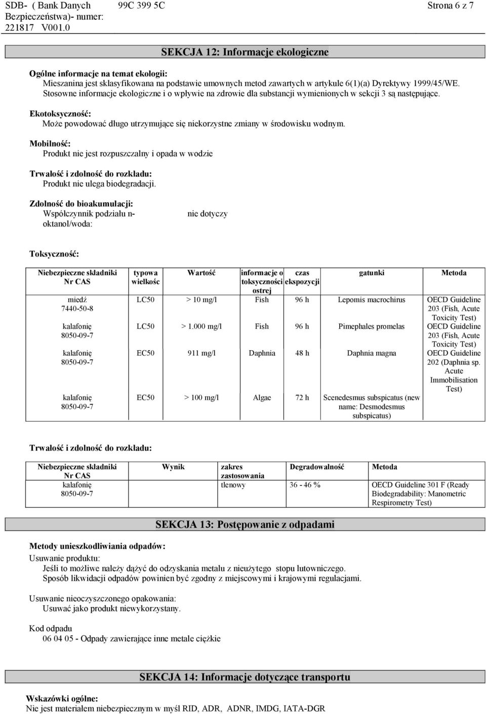 Ekotoksyczność: Może powodować długo utrzymujące się niekorzystne zmiany w środowisku wodnym.