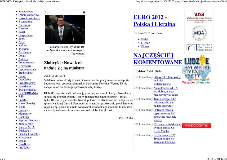 Osobiste Księgarnia Smaki BlogBox InfoTuba 1 z 1 Solidarna Polska krytykuje 100 dni Nowaka w resorcie transportu (fot.