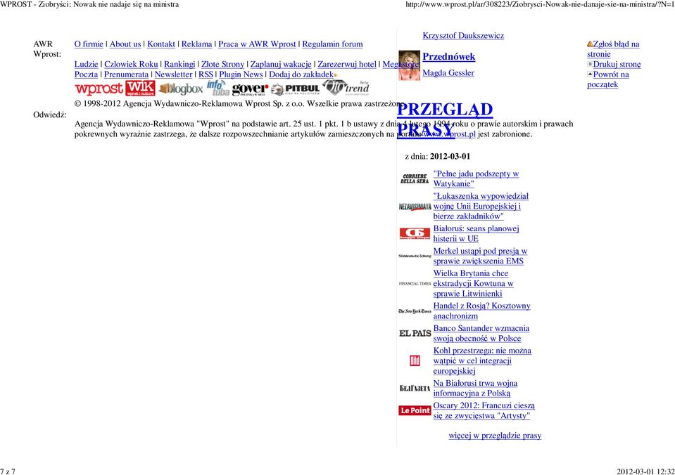 Krzysztof Daukszewicz Przednówek Magda Gessler PRZEGLĄD PRASY Agencja Wydawniczo-Reklamowa "Wprost" na podstawie art. 25 ust. 1 pkt.