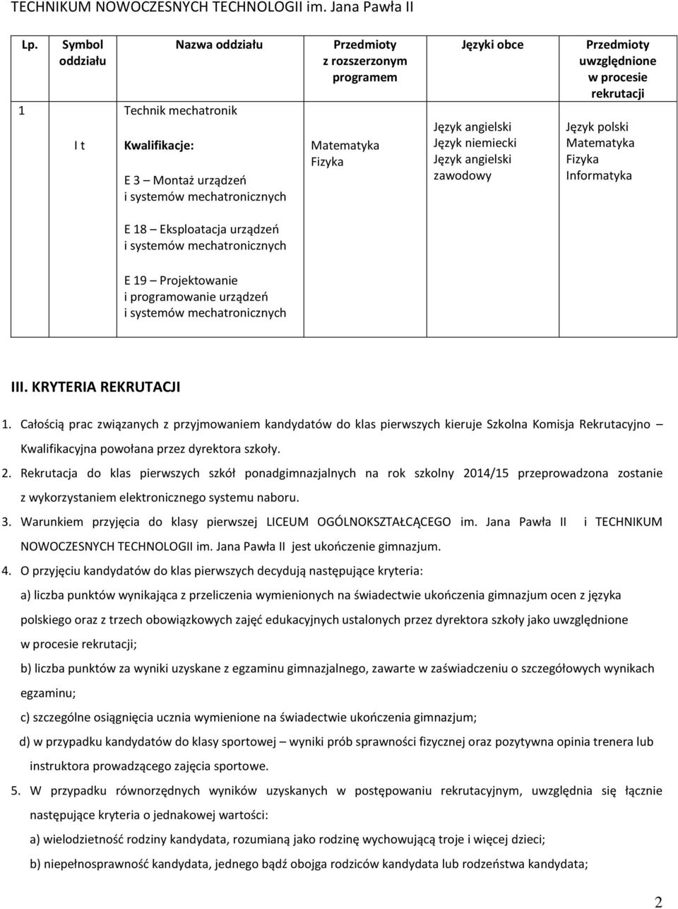 Informatyka E 18 Eksploatacja urządzeń i systemów mechatronicznych E 19 Projektowanie i programowanie urządzeń i systemów mechatronicznych III. KRYTERIA REKRUTACJI 1.