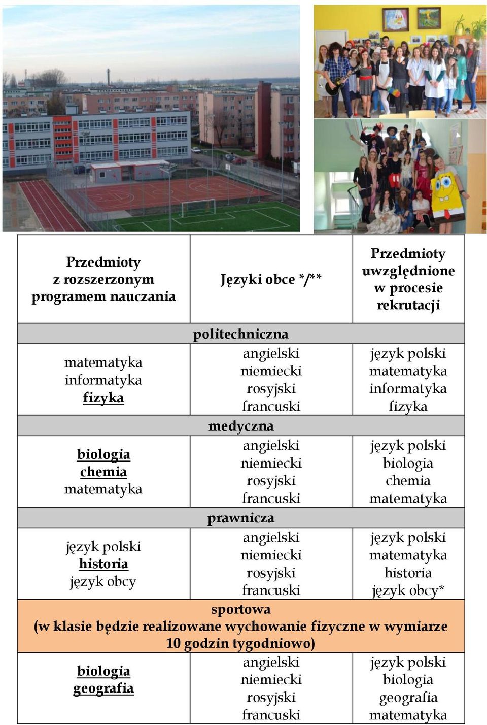 francuski matematyka prawnicza angielski język polski język polski niemiecki matematyka historia rosyjski historia język obcy francuski język obcy* sportowa (w klasie