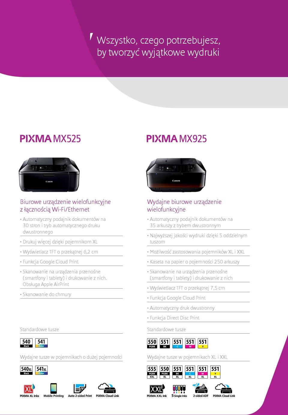 Obsługa Apple AirPrint Skanowanie do chmury Standardowe tusze Wydajne biurowe urządzenie wielofunkcyjne Automatyczny podajnik dokumentów na 35 arkuszy z trybem dwustronnym Najwyższej jakości wydruki