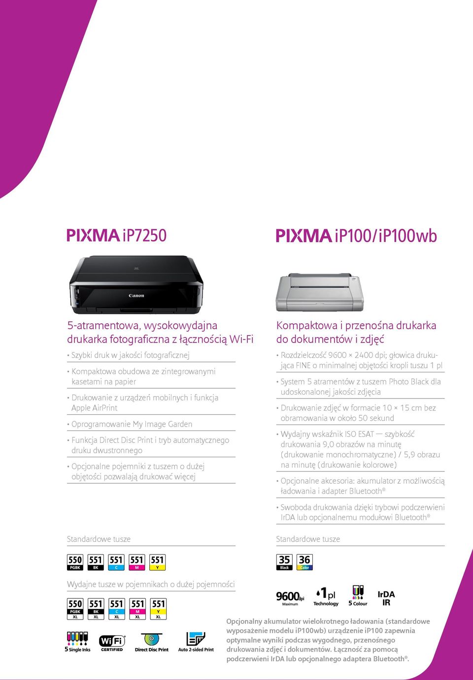 Standardowe tusze Kompaktowa i przenośna drukarka do dokumentów i zdjęć Rozdzielczość 9600 2400 dpi; głowica drukująca FINE o minimalnej objętości kropli tuszu 1 pl System 5 atramentów z tuszem Photo