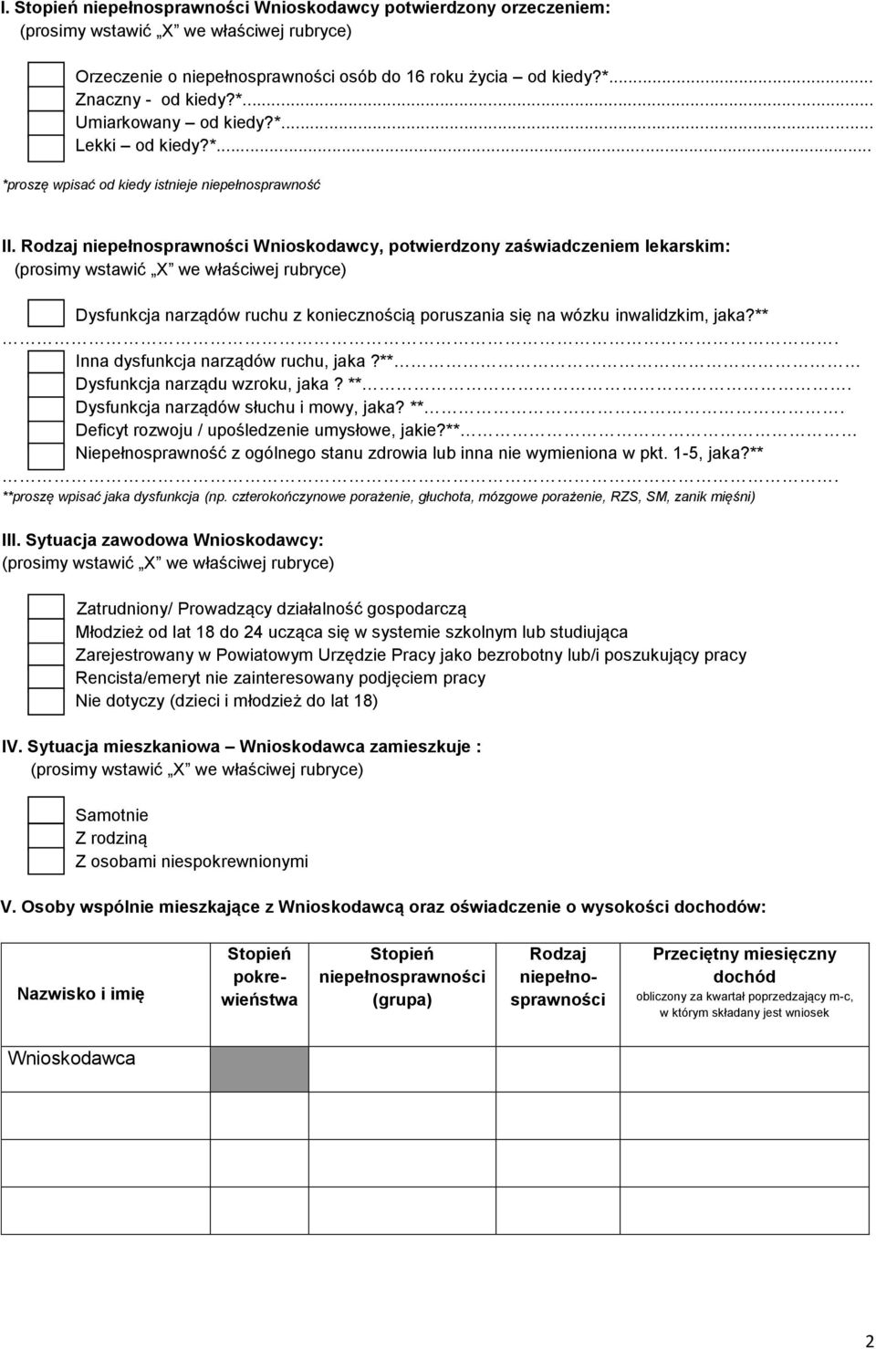 Rodzaj niepełnosprawności Wnioskodawcy, potwierdzony zaświadczeniem lekarskim: Dysfunkcja narządów ruchu z koniecznością poruszania się na wózku inwalidzkim, jaka?**.