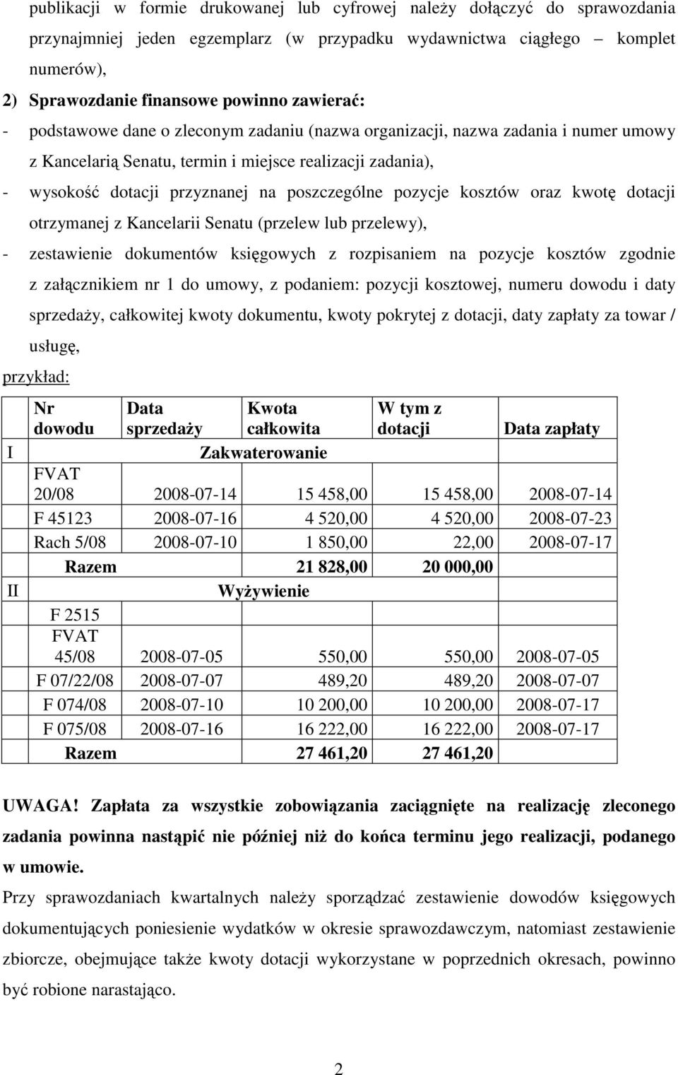 pozycje kosztów oraz kwotę dotacji otrzymanej z Kancelarii Senatu (przelew lub przelewy), - zestawienie dokumentów księgowych z rozpisaniem na pozycje kosztów zgodnie z załącznikiem nr 1 do umowy, z