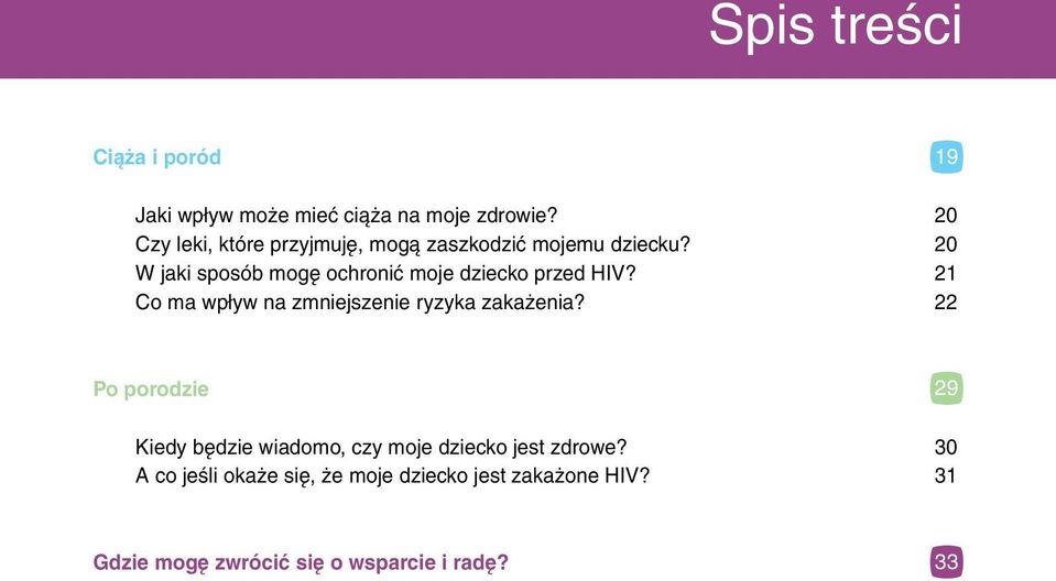 20 W jaki sposób mogę ochronić moje dziecko przed HIV? 21 Co ma wpływ na zmniejszenie ryzyka zakażenia?
