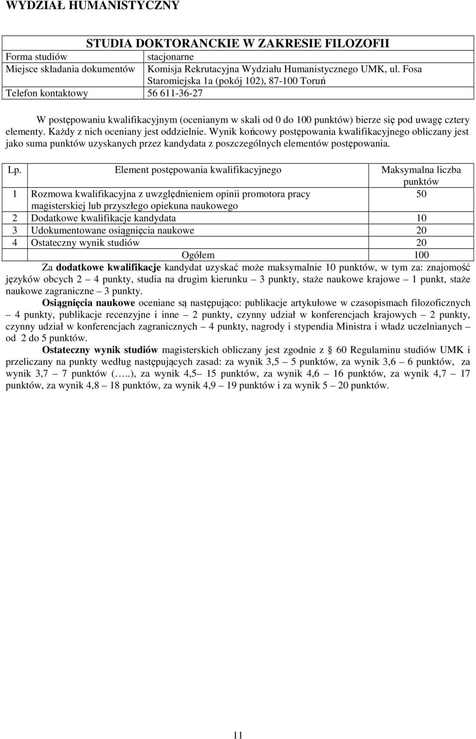 Każdy z nich oceniany jest oddzielnie. Wynik końcowy postępowania kwalifikacyjnego obliczany jest jako suma uzyskanych przez kandydata z poszczególnych elementów postępowania.