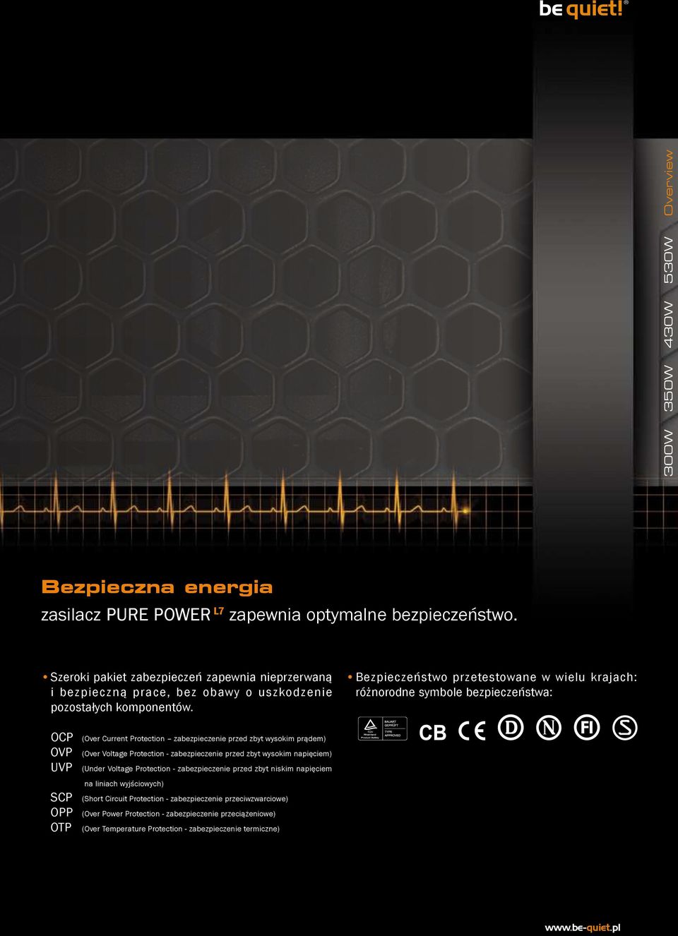 Bezpieczeństwo przetestowane w wielu krajach: różnorodne symbole bezpieczeństwa: OCP (Over Current Protection zabezpieczenie przed zbyt wysokim prądem) OVP (Over Voltage Protection -