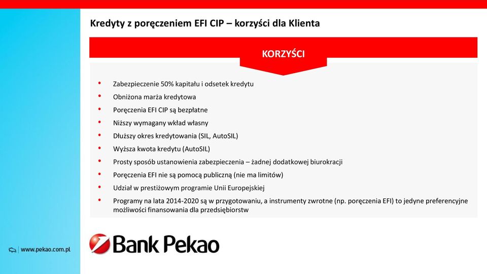 zabezpieczenia żadnej dodatkowej biurokracji Poręczenia EFI nie są pomocą publiczną (nie ma limitów) Udział w prestiżowym programie Unii Europejskiej