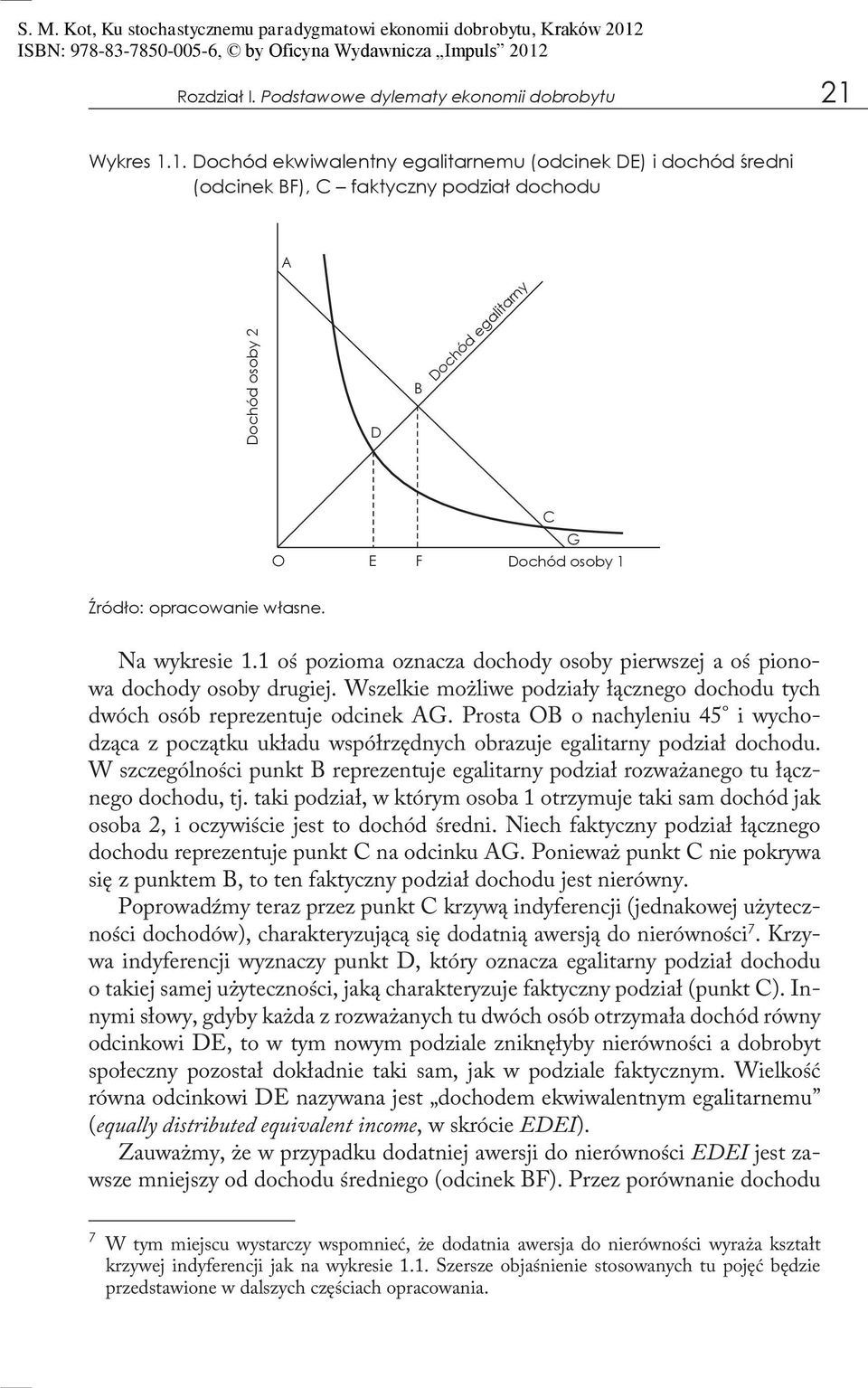 1. Dochód ekwiwalentny egalitarnemu (odcinek DE) i dochód średni (odcinek BF), C faktyczny podział dochodu A Dochód osoby 2 D B Dochód egalitarny O E F C G Dochód osoby 1 Źródło: opracowanie własne.