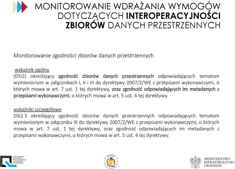 1 tej dyrektywy, oraz zgodność odpowiadających im metadanych z przepisami wykonawczymi, o których mowa w art. 5 ust. 4 tej dyrektywy. wskaźniki szczegółowe DSi2.