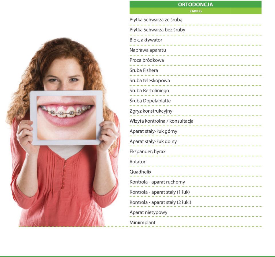 konsultacja Aparat stały- łuk górny Aparat stały- łuk dolny Ekspander; hyrax Rotator Quadhelix Kontrola -