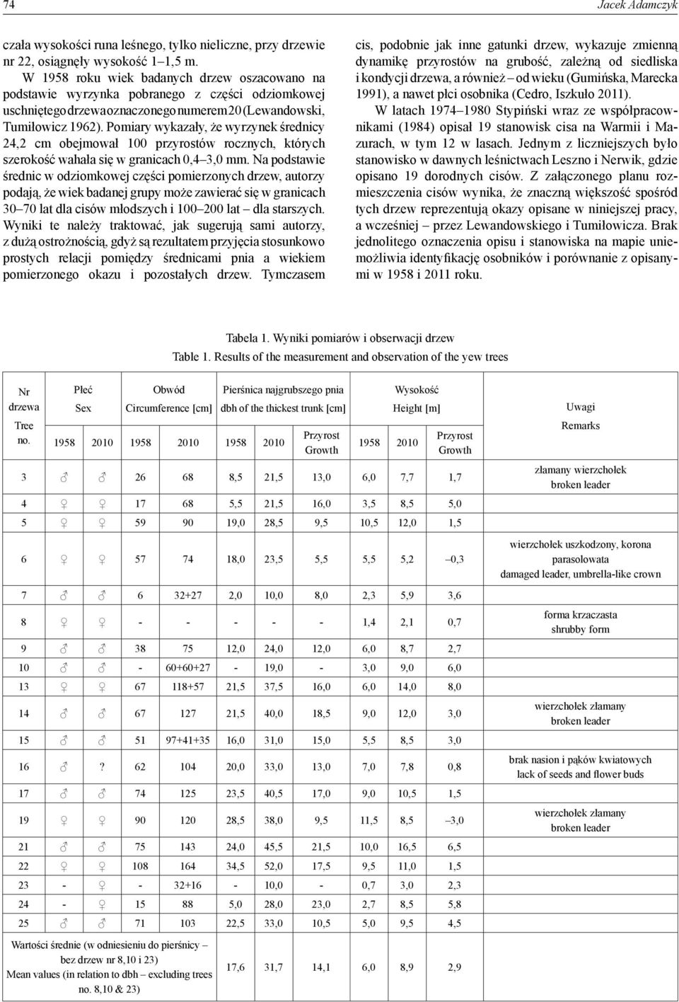 Pomiary wykazały, że wyrzynek średnicy 24,2 cm obejmował 100 przyrostów rocznych, których szerokość wahała się w granicach 0,4 3,0 mm.