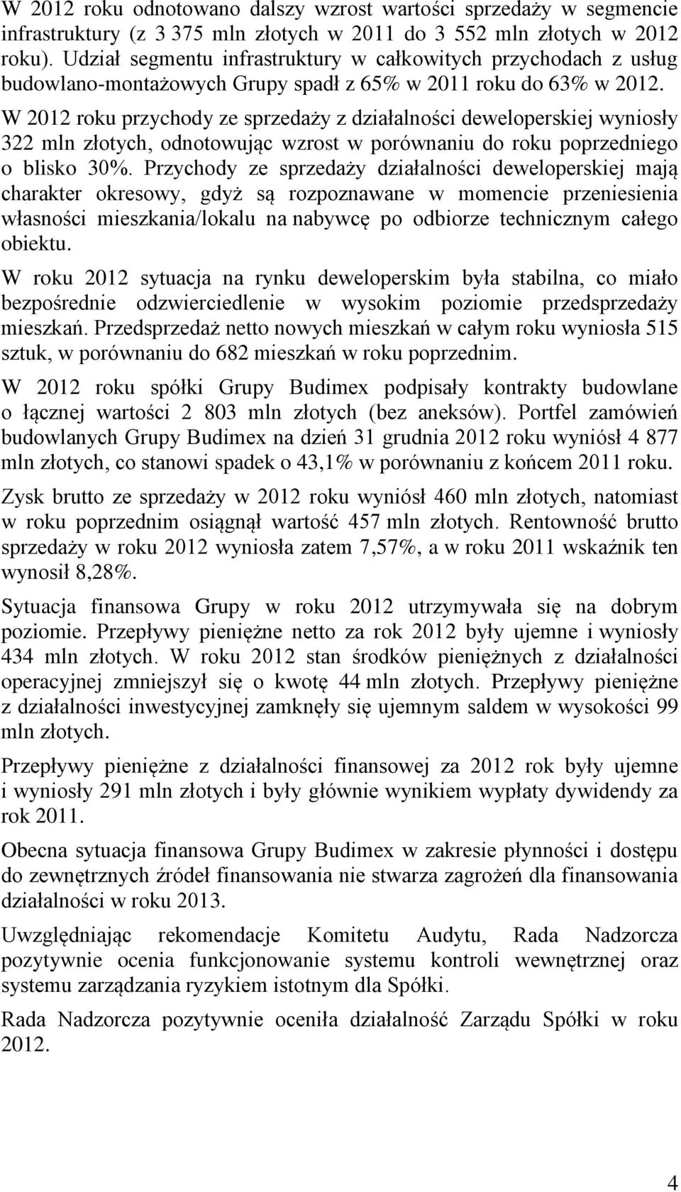 W 2012 roku przychody ze sprzedaży z działalności deweloperskiej wyniosły 322 mln złotych, odnotowując wzrost w porównaniu do roku poprzedniego o blisko 30%.