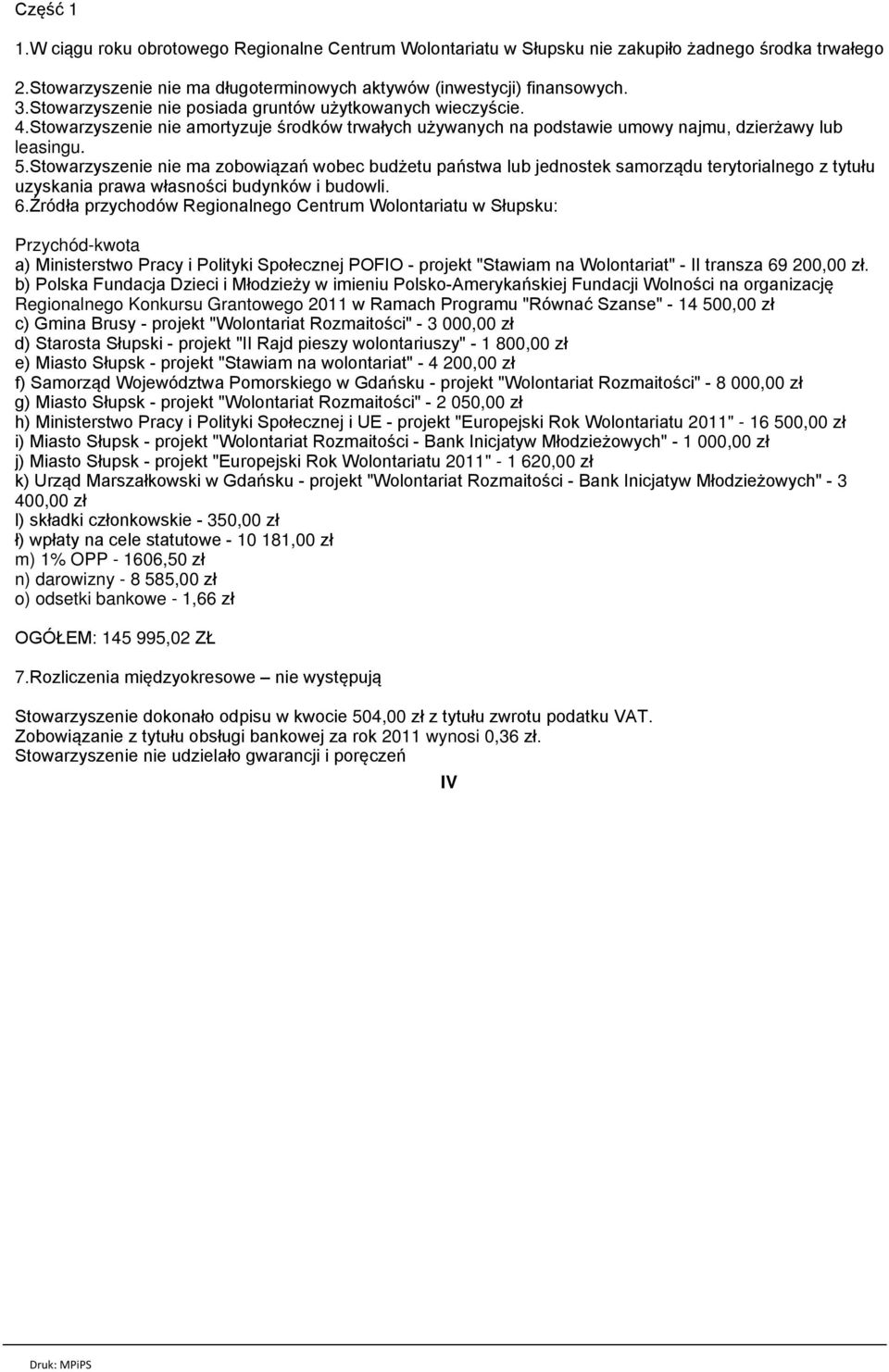 Stowarzyszenie nie ma zobowiązań wobec budżetu państwa lub jednostek samorządu terytorialnego z tytułu uzyskania prawa własności budynków i budowli. 6.