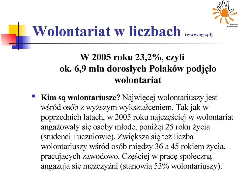 Najwięcej wolontariuszy jest wśród osób z wyższym wykształceniem.