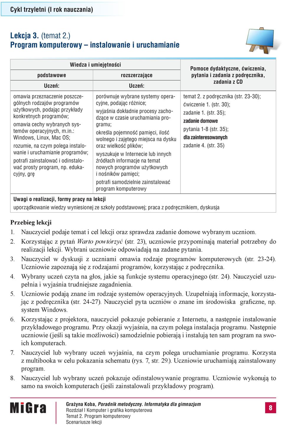 poszczególnych rodzajów programów użytkowych, podając przykłady konkretnych programów; omawia cechy wybranych systemów operacyjnych, m.in.