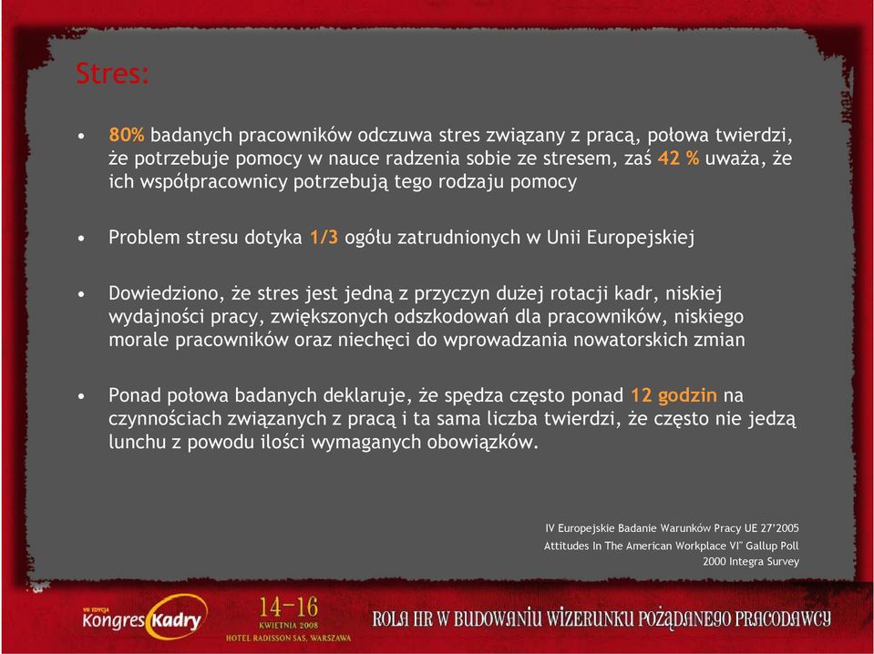 pracowników, niskiego morale pracowników oraz niechęci do wprowadzania nowatorskich zmian Ponad połowa badanych deklaruje, że spędza często ponad 12 godzin na czynnościach związanych z pracą i ta