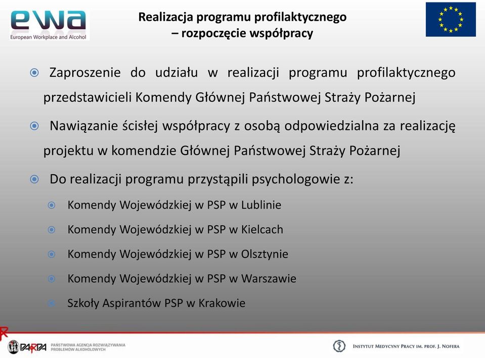 w komendzie Głównej Państwowej Straży Pożarnej Do realizacji programu przystąpili psychologowie z: Komendy Wojewódzkiej w PSP w